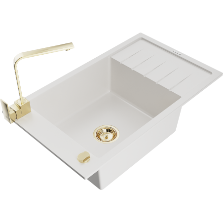 Mexen Elias 1-bowl granite sink with drainer and Rita kitchen tap, white - 6511-20-670300-50