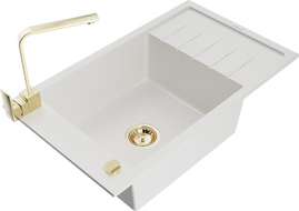 Mexen Elias 1-bowl granite sink with drainer and Rita kitchen tap, white - 6511-20-670300-50