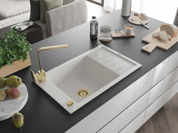 Mexen Elias 1-bowl granite sink with drainer and Rita kitchen tap, white - 6511-20-670300-50