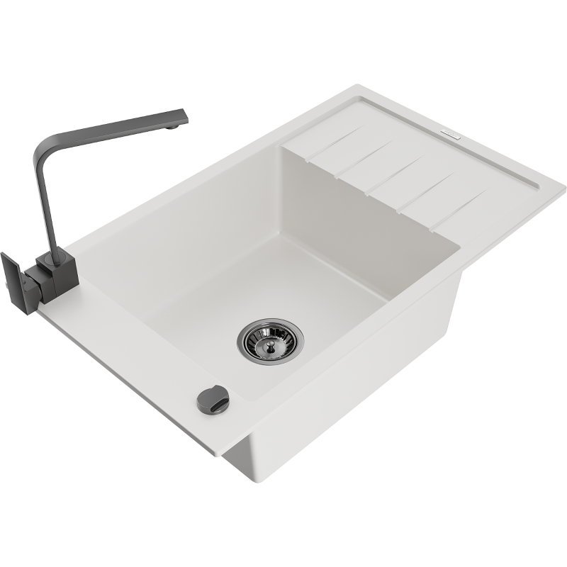Mexen Elias granite kitchen sink 1-bowl with drainer and Rita kitchen tap, white - 6511-20-670300-70