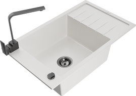 Mexen Elias granite kitchen sink 1-bowl with drainer and Rita kitchen tap, white - 6511-20-670300-70