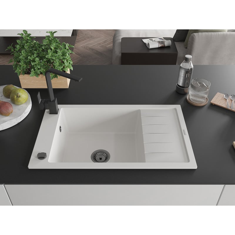 Mexen Elias graniittinen 1-altaallinen tiskiallas valutustasolla ja keittiöhanalla Rita, valkoinen - 6511-20-670300-70