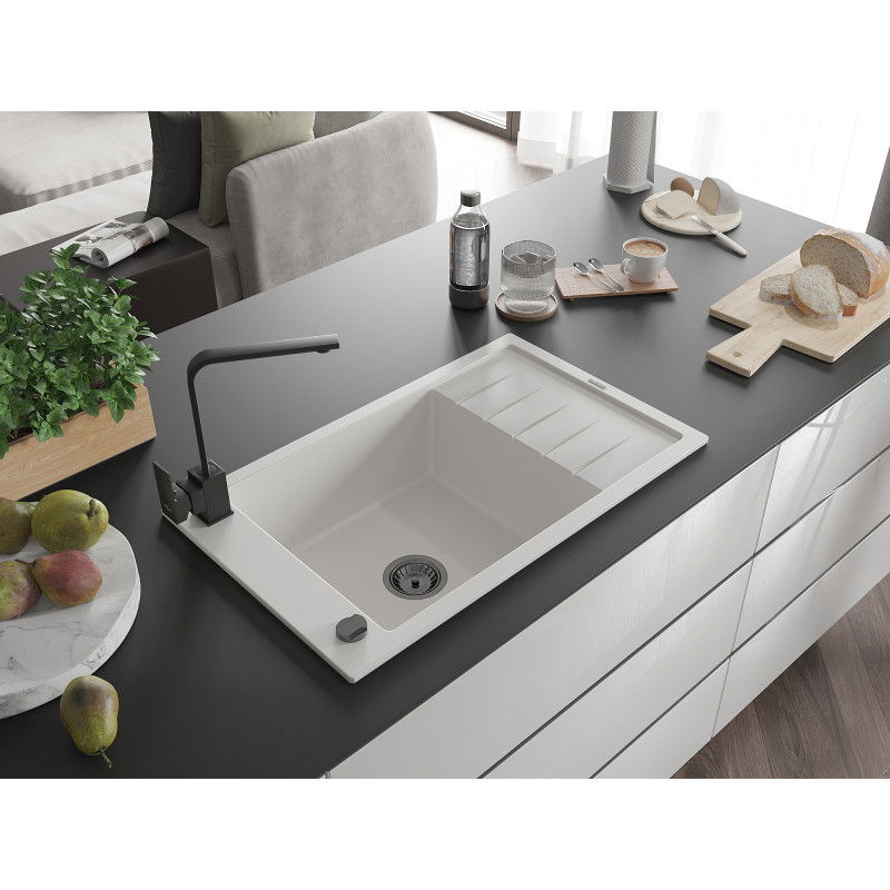 Mexen Elias granite kitchen sink 1-bowl with drainer and Rita kitchen tap, white - 6511-20-670300-70