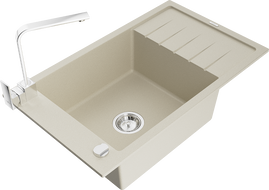 Mexen Elias 1-bowl granite sink with drainer and Rita kitchen faucet, beige - 6511-69-670300-00
