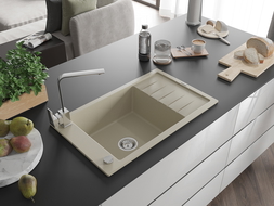 Mexen Elias granite sink single-bowl with drainer and Rita kitchen tap, beige - 6511-69-670300-00
