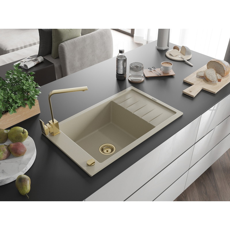 Mexen Elias lavello in granito a 1 vasca con sgocciolatoio e rubinetto da cucina Rita, beige - 6511-69-670300-50