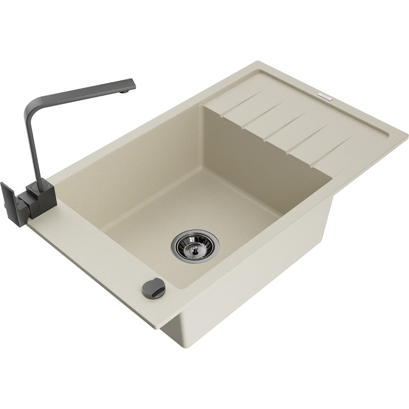 Mexen Elias lava-loiça de granito 1-cuba com escorredor e torneira de cozinha Rita, bege - 6511-69-670300-70