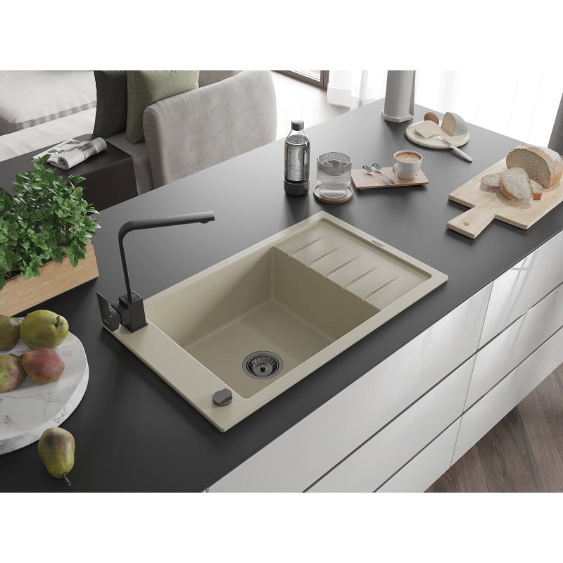 Mexen Elias Granitspüle 1-Becken mit Abtropffläche und Küchenarmatur Rita, beige - 6511-69-670300-70