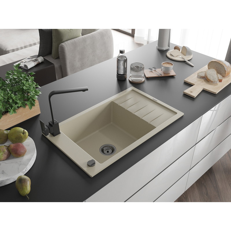 Mexen Elias lavello da cucina in granito a 1 vasca con scolapiatti e rubinetto Rita, beige - 6511-69-670300-70