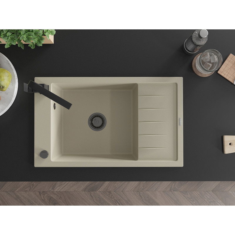 Mexen Elias granite sink 1-bowl with drainer and Rita kitchen tap, beige - 6511-69-670300-70