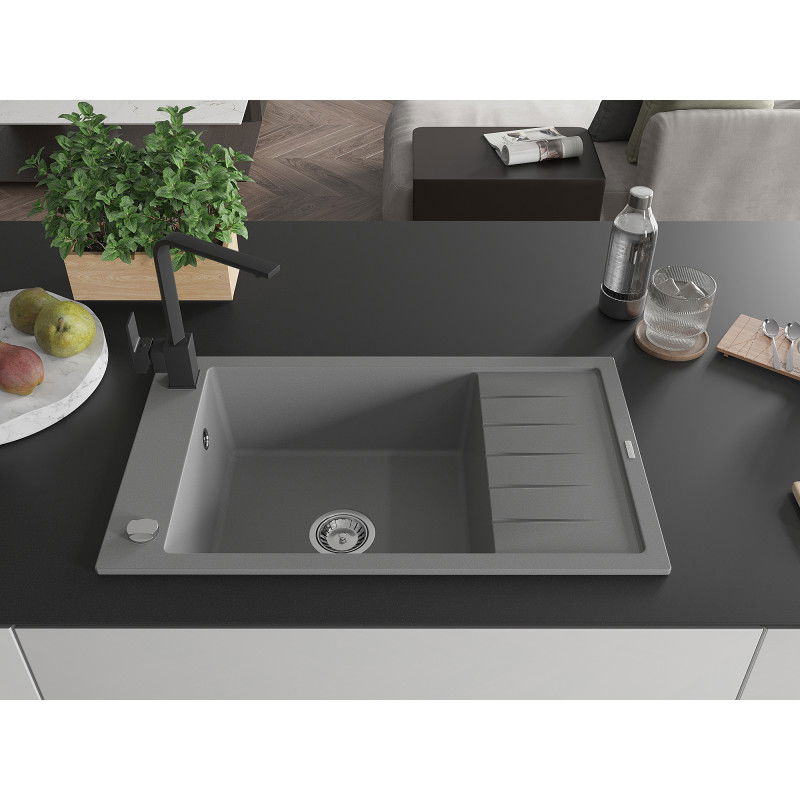 Mexen Elias granite kitchen sink 1-bowl with drainer and Rita kitchen tap, grey - 6511-71-670300-70