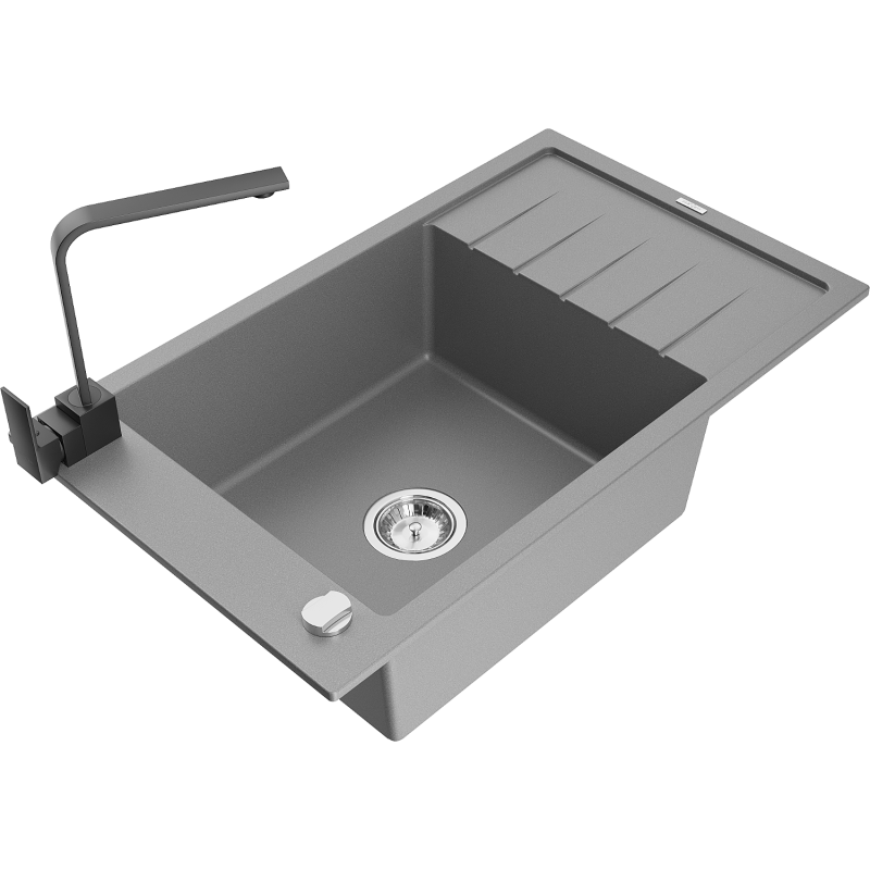 Mexen Elias fregadero de granito 1 seno con escurridor y grifo de cocina Rita, gris - 6511-71-670300-70