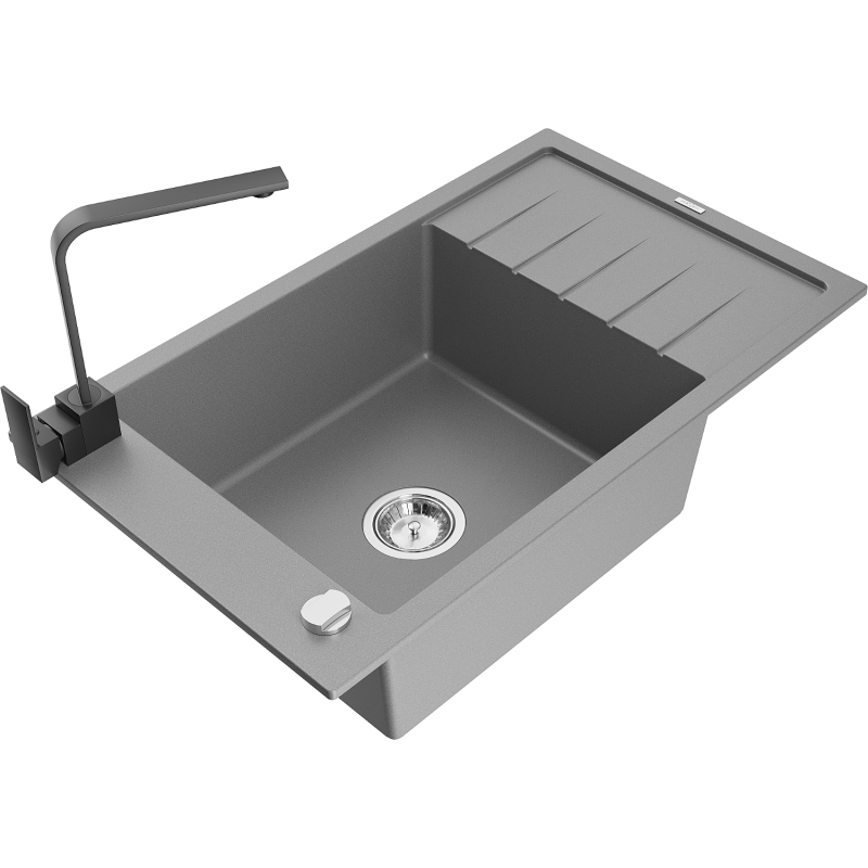 Mexen Elias granite kitchen sink 1-bowl with drainer and Rita kitchen tap, grey - 6511-71-670300-70