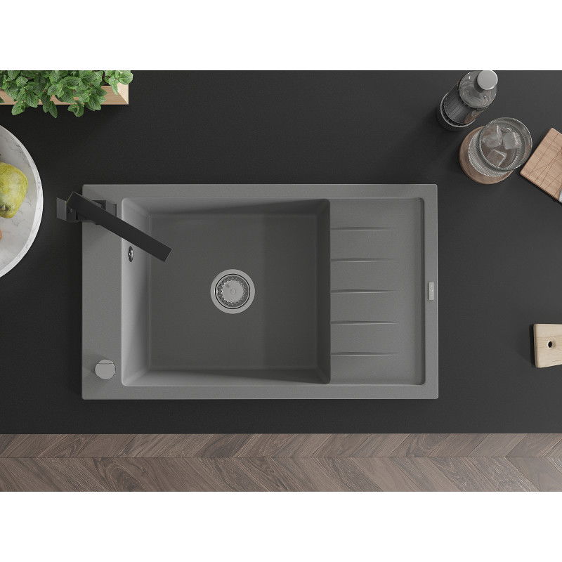 Mexen Elias granite kitchen sink 1-bowl with drainer and Rita kitchen tap, grey - 6511-71-670300-70
