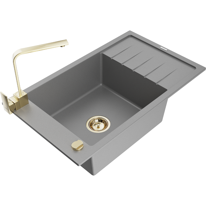 Mexen Elias granīta izlietne ar 1 nodalījumu, notecējumu un virtuves krānu Rita, pelēka - 6511-71-670300-50