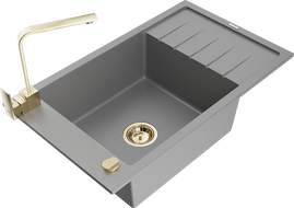 Mexen Elias 1-bowl Granite Sink with Drainer and Kitchen Faucet Rita, Gray - 6511-71-670300-50