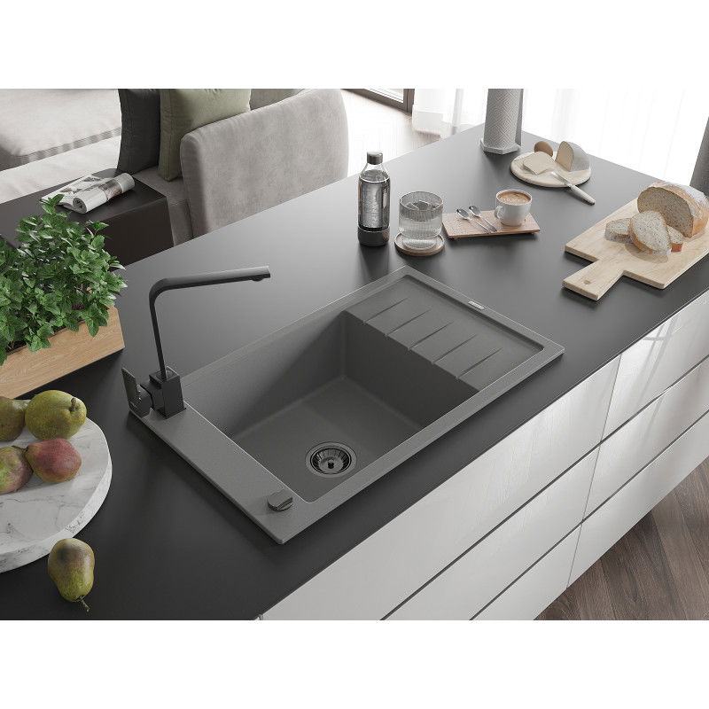 Mexen Elias 1-bowl granite sink with drainer and Rita kitchen tap, grey - 6511-71-670300-70-B