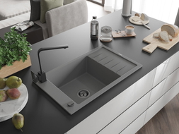 Mexen Elias granite kitchen sink 1-bowl with drainer and kitchen faucet Rita, gray - 6511-71-670300-70-B