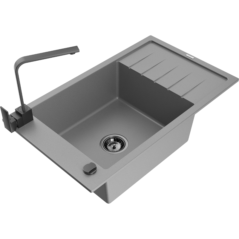 Mexen Elias 1-bowl granite sink with drainer and Rita kitchen tap, grey - 6511-71-670300-70-B