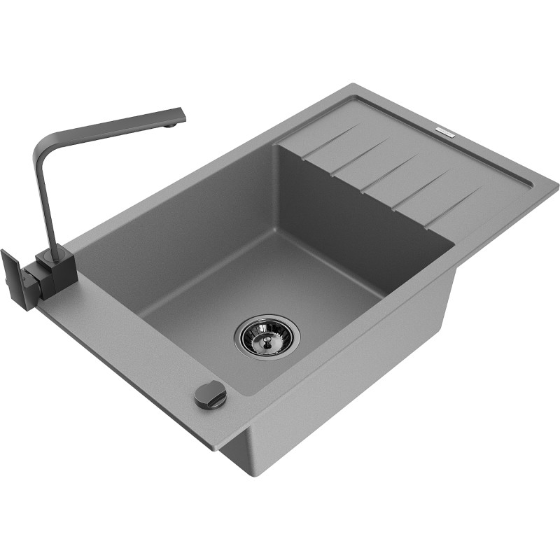 Mexen Elias fregadero de granito de 1 compartimento con escurridor y grifo de cocina Rita, gris - 6511-71-670300-70-B
