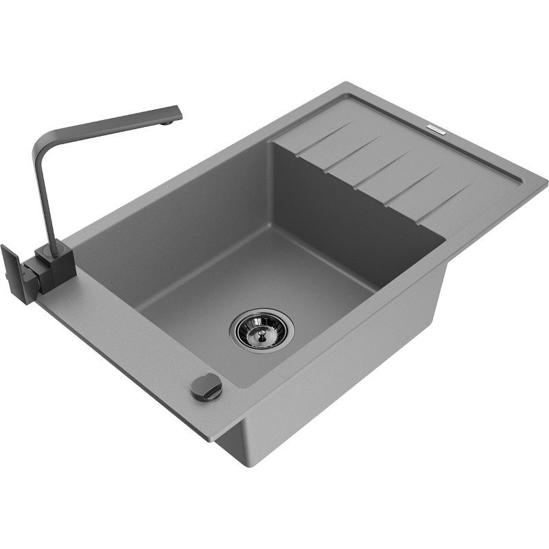 Mexen Elias lava-louça de granito com 1 cuba, escorredor e torneira de cozinha Rita, cinza - 6511-71-670300-70-B