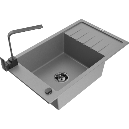 Mexen Elias 1-bowl granite sink with drainer and Rita kitchen tap, grey - 6511-71-670300-70-B
