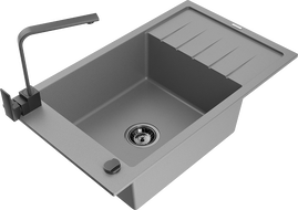Mexen Elias 1-bowl granite sink with drainer and Rita kitchen tap, grey - 6511-71-670300-70-B