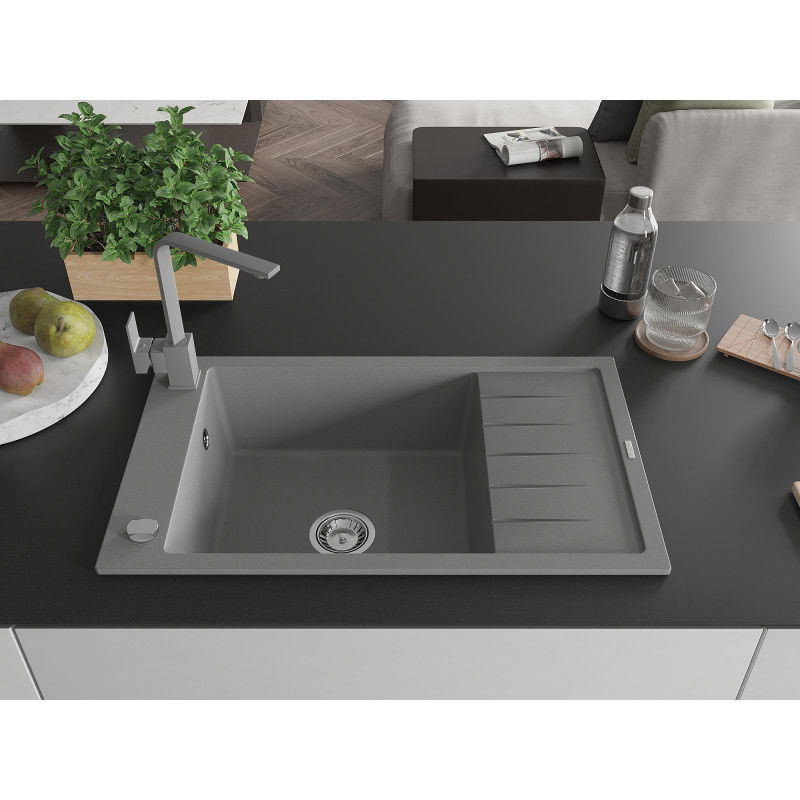 Mexen Elias 1-bowl granite sink with drainer and Rita kitchen tap, grey - 6511-71-670300-71