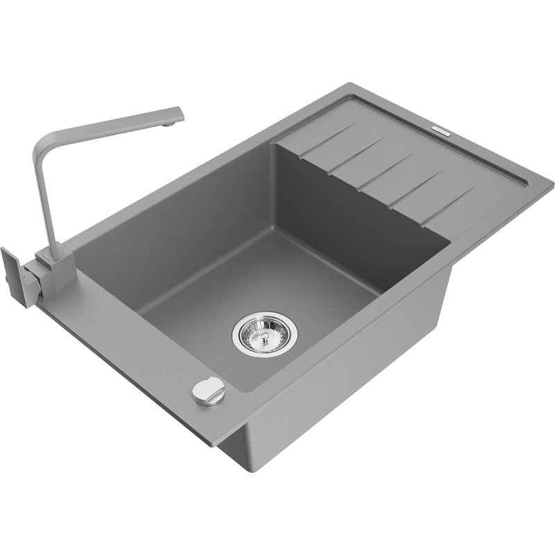 Mexen Elias fregadero de granito de 1 seno con escurridor y grifo de cocina Rita, gris - 6511-71-670300-71