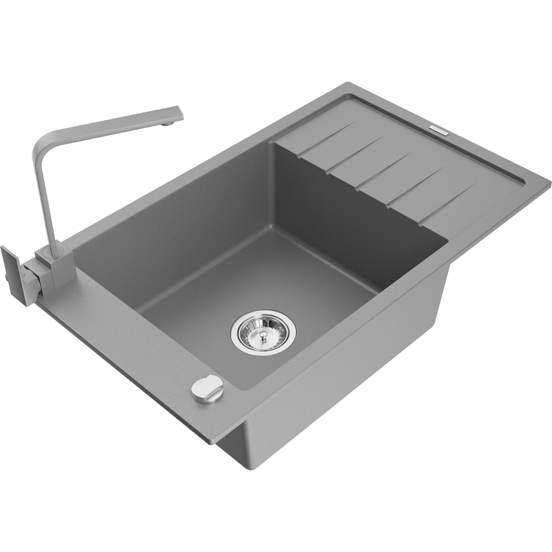 Mexen Elias lava-loiça de granito 1-bacia com escorredor e torneira de cozinha Rita, cinzento - 6511-71-670300-71