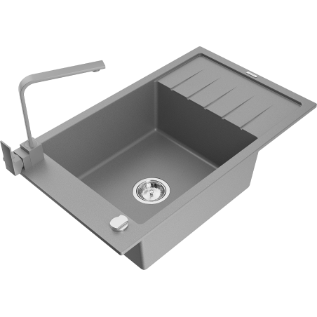 Mexen Elias 1-bowl granite sink with drainer and Rita kitchen tap, grey - 6511-71-670300-71