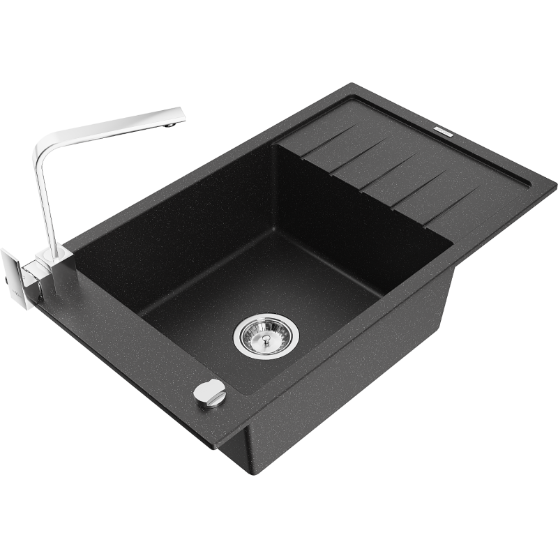 Mexen Elias single-bowl granite sink with drainer and Rita kitchen tap, black/silver metallic - 6511-73-670300-00