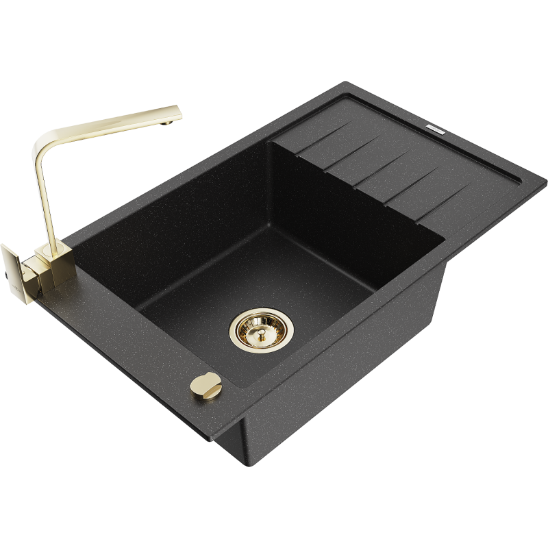 Mexen Elias granieten gootsteen met 1 bak en afdruiprek en keukenmengkraan Rita, zwart/zilver metallic - 6511-73-670300-50