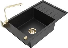 Mexen Elias lava-loiça de granito de 1 bacia com escorredor e torneira de cozinha Rita, preto/prateado metálico