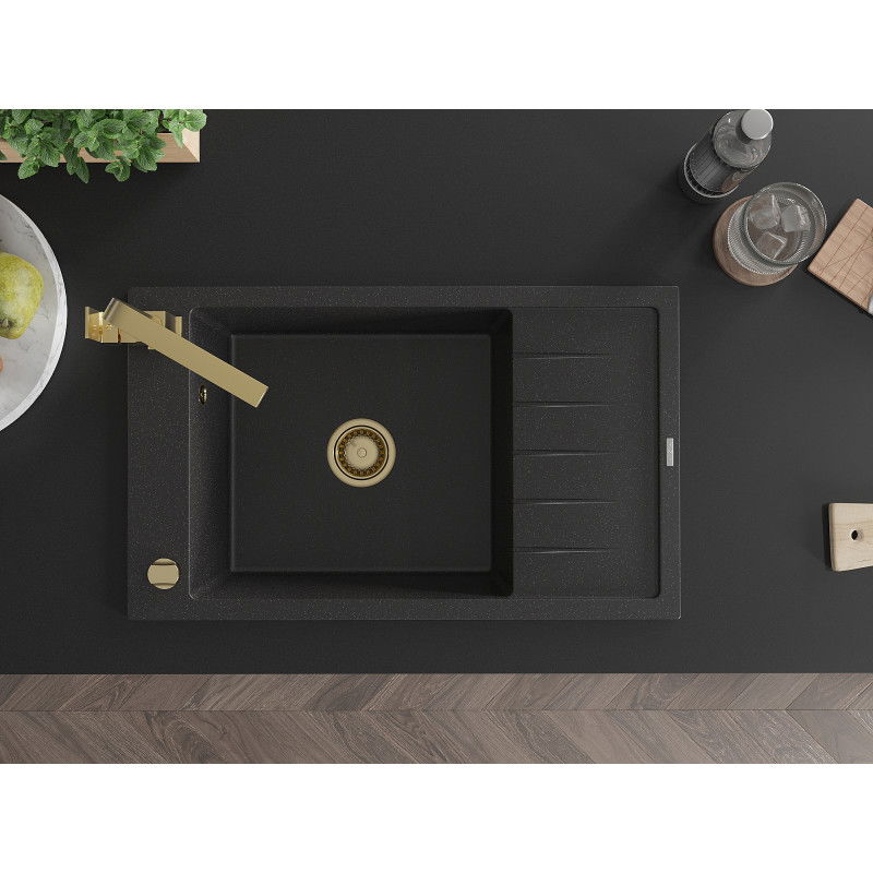 Mexen Elias Granitspüle 1-beckig mit Abtropffläche und Küchenarmatur Rita, Schwarz/Silber Metallic - 6511-73-670300-50