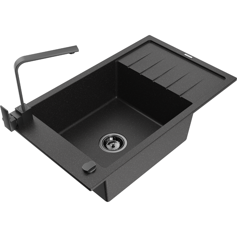 Mexen Elias Granitspüle 1-Becken mit Abtropffläche und Küchenarmatur Rita, schwarz/silber metallic - 6511-73-670300-70-B