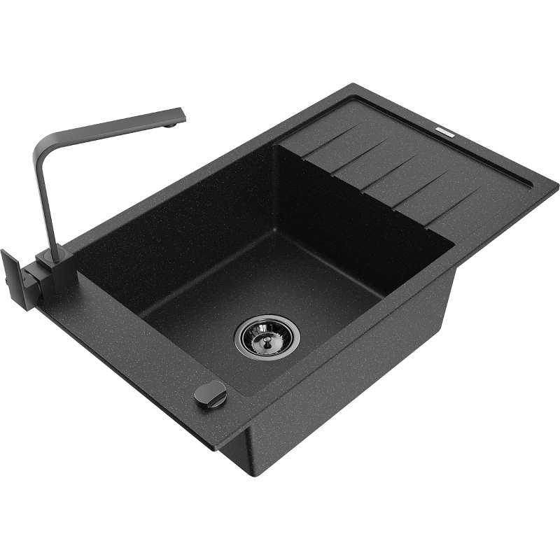 Mexen Elias lava-loiça de granito 1-cuba com escorredor e torneira de cozinha Rita, preto/prateado metálico