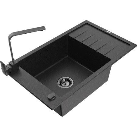 Mexen Elias granitizlietne ar vienu nodalījumu ar noteces virsmu un virtuves jaucējkrānu Rita, melns/sudraba metāliks