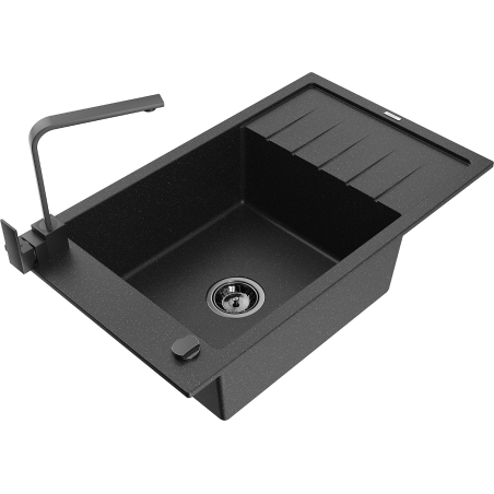 Mexen Elias Granitspüle 1-Becken mit Abtropffläche und Küchenarmatur Rita, schwarz/silber metallic - 6511-73-670300-70-B