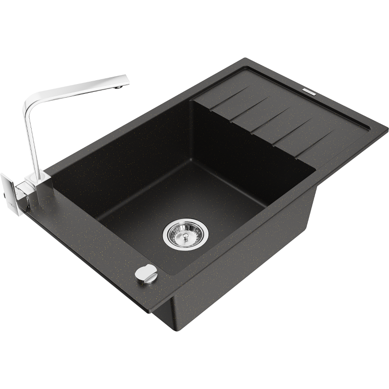 Mexen Elias Granitspüle 1-Becken mit Abtropffläche und Küchenarmatur Rita, schwarz/silber metallic - 6511-73-670300-70