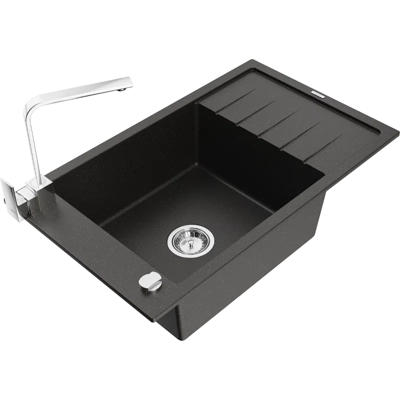 Mexen Elias one-bowl granite sink with drainer and Rita kitchen tap, black/silver metallic - 6511-73-670300-70