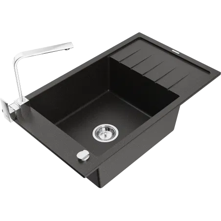 Mexen Elias one-bowl granite sink with drainer and Rita kitchen tap, black/silver metallic - 6511-73-670300-70