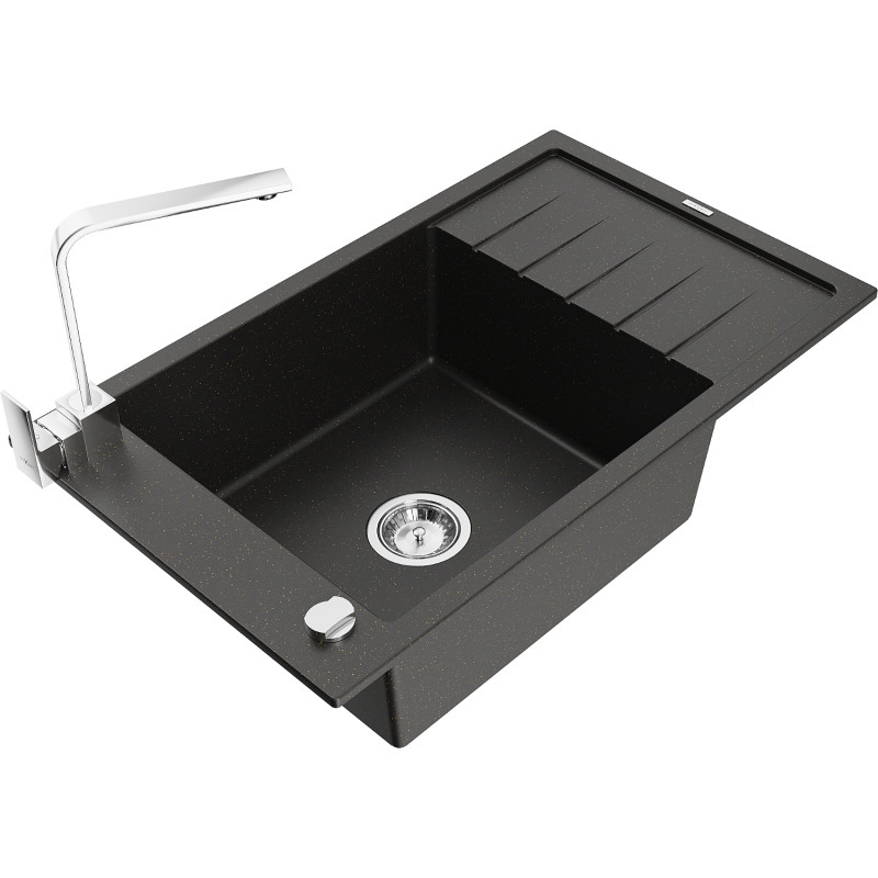 Mexen Elias granit gootsteen 1-kompartment met afdruiprek en keukenkraan Rita, zwart/gouden metallic - 6511-75-670300-00