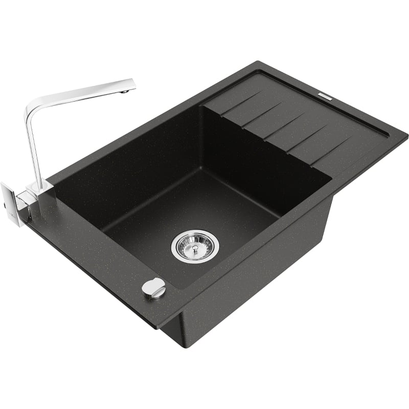 Mexen Elias granite sink, 1-bowl with drainer and kitchen faucet Rita, black/gold metallic - 6511-75-670300-00