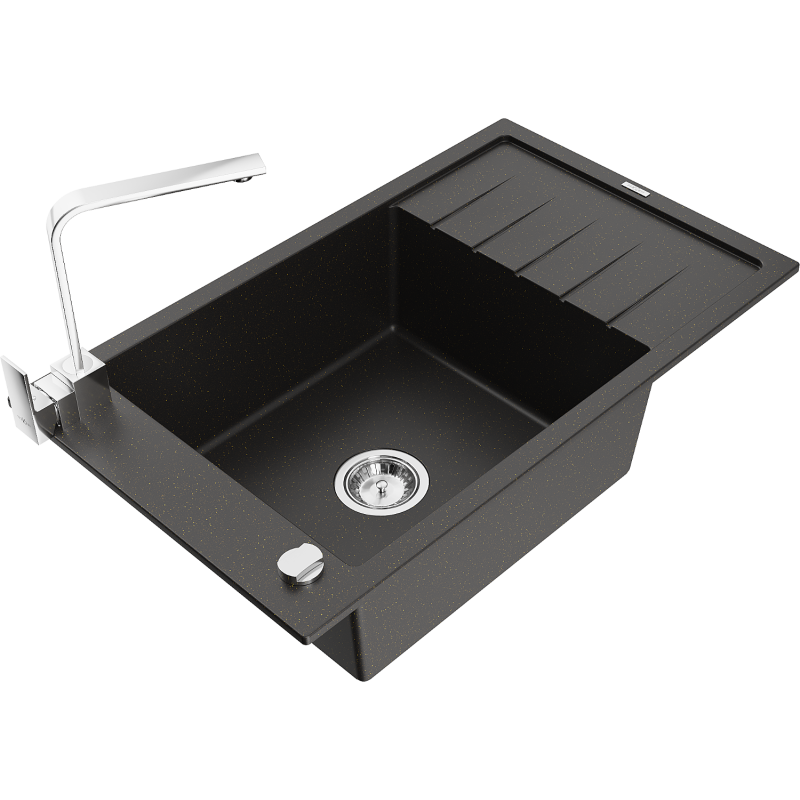 Mexen Elias lavatório de granito de 1 bacia com escorredor e torneira de cozinha Rita, preto/ouro metalizado