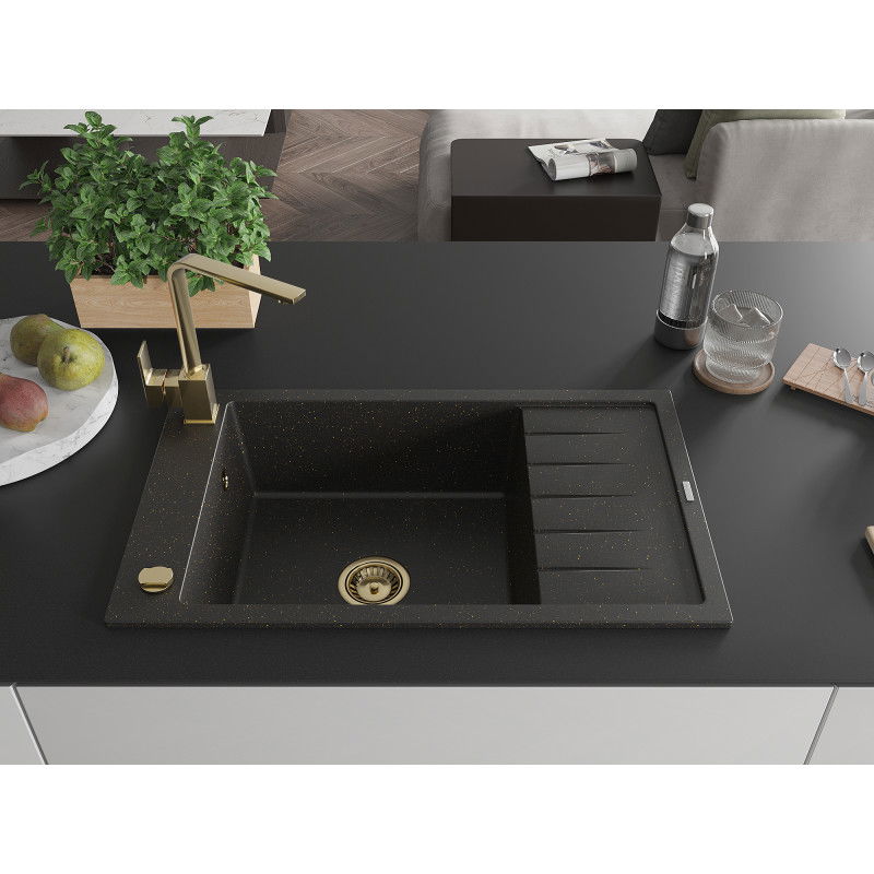 Mexen Elias granite sink 1-bowl with drainer and Rita kitchen tap, black/gold metallic - 6511-75-670300-50