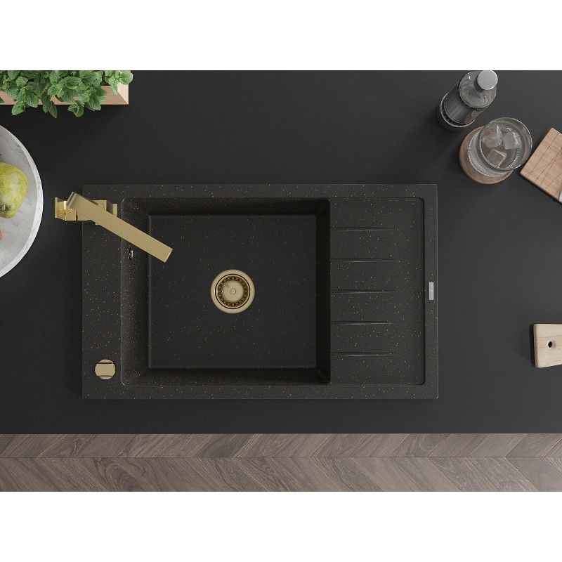 Mexen Elias granieten wastafel 1-kompatibiliteit met afdruiprek en keukenkraan Rita, zwart/goud metallic - 6511-75-670300-50