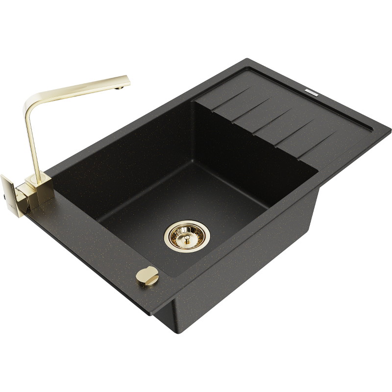 Mexen Elias lavello in granito 1-vasca con scolapiatti e rubinetto da cucina Rita, nero/oro metallizzato - 6511-75-670300-50