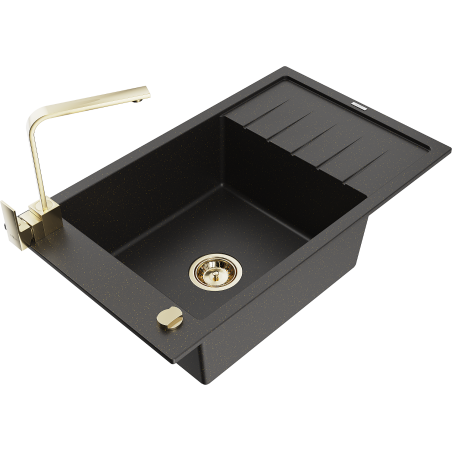 Mexen Elias évier en granit 1 bac avec égouttoir et robinet de cuisine Rita, noir/or métallisé - 6511-75-670300-50