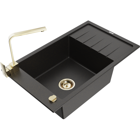 Mexen Elias granite sink 1-bowl with drainer and Rita kitchen tap, black/gold metallic - 6511-75-670300-50